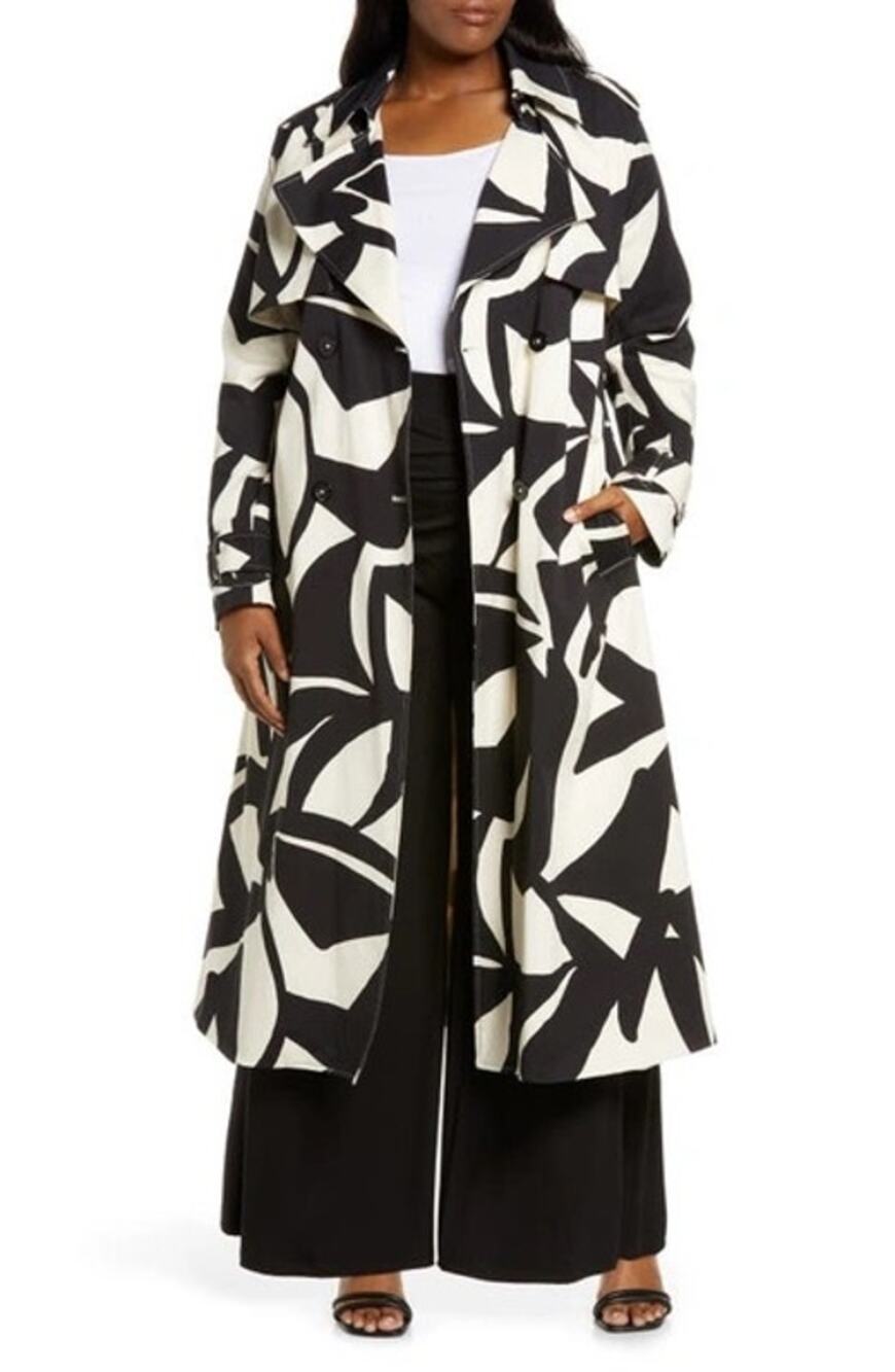 11 Honoré Demi Block Party Abstract Trench Coat Black Cream Plus Size 22